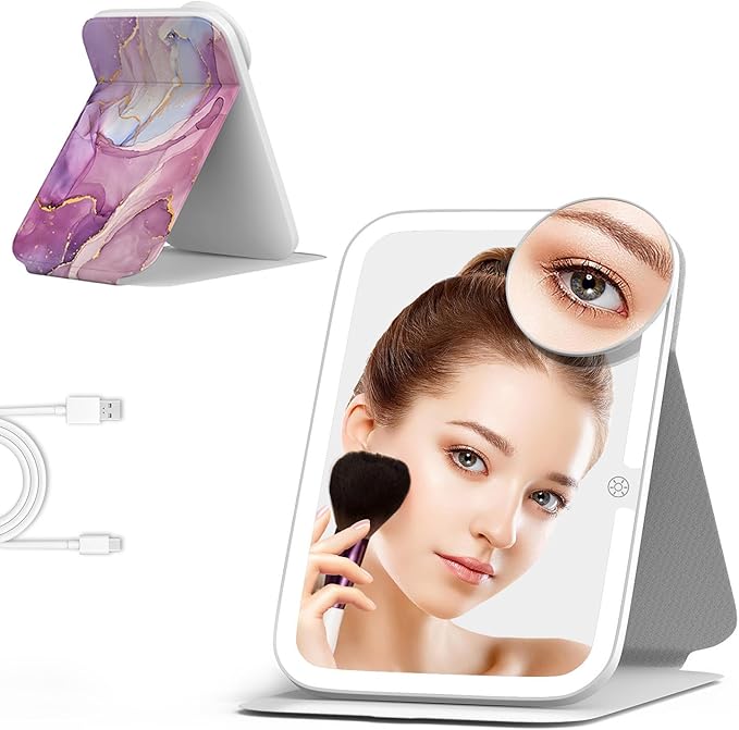 Mocado Travel Makeup Mirro with Lights, 360° Rotation Lighted Makeup Mirror, Portable Mirror with 10x Magnification, 3 Color Lightings, Dimmable Touch Screen, Tabletop Light up Mirror(Purple Marble)