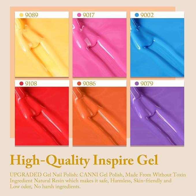 CANNI Summer Gel Nail Polish Set,Bright Rainbow Collection 6 Colors 9ML Hot Red Pink Yellow High Gloss Soak Off UV LED Gel Nail French Nail Manicure Salon DIY
