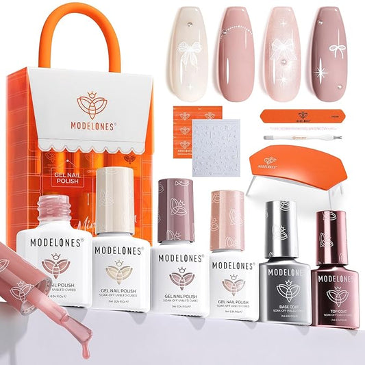 modelones Gel Nail Polish Kit with U V Light, 4 Colors Gel Mini Salon, Base&Top Coat and Stickers, Milky White Nude Pink Glitter Fall Manicure Set, DIY Home Nail Art Decoration Kit, Gift for Women