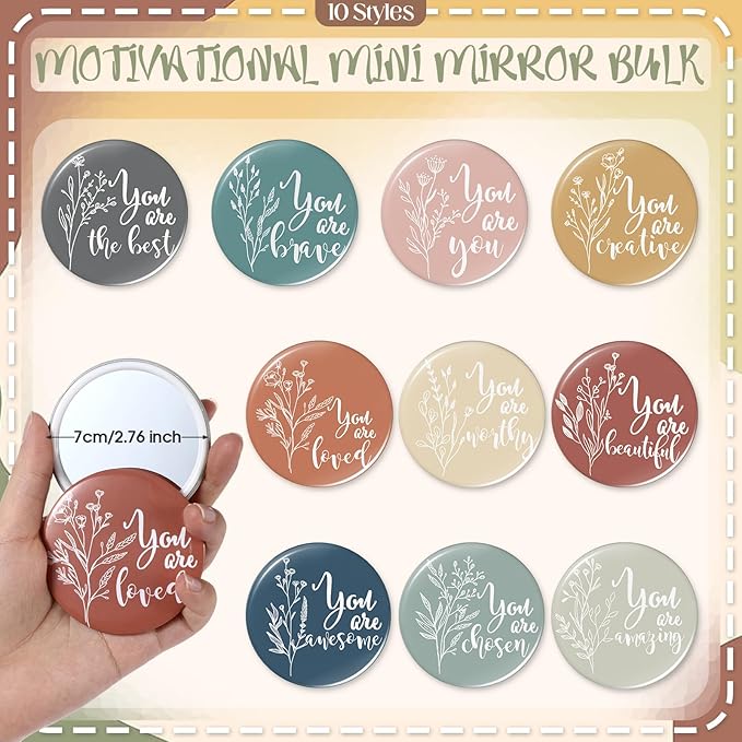 20 Pcs Employee Appreciation Gifts 10 Inspirational Canvas Makeup Bags 10 Compact Mirrors Bulk Cosmetic Bags Round Portable Pocket Mirror Thank You Gifts for Women (Bohemian)