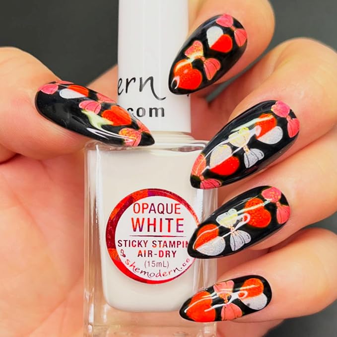 SheModern STICKY Opaque BLACK + WHITE + GRAY Stamping Polishes For Nail Art Design Air-Dry Collection. More Transfer Time with Tacky Surface for Easy Adhere of Pigment, Glitter