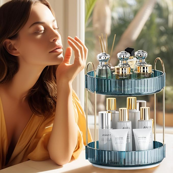 360° Rotating Makeup Organizer, Bathroom Organizers and Storage Holder Rack, Large Capacity Vanity Shelf Countertop, Fits Cosmetics, Perfume, Skin Care(Blue, 2 Tiers)