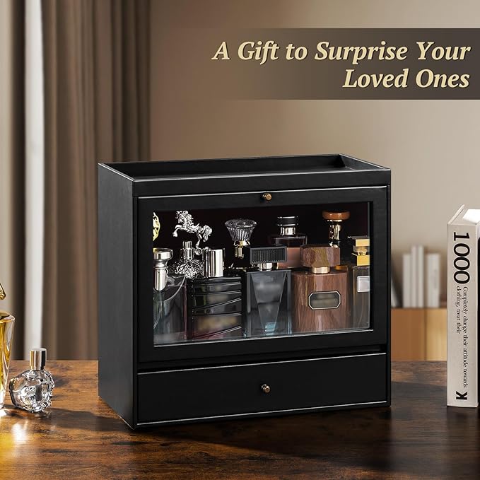 Cologne Organizer, Leather Perfumes Organizer for Dresser, Large Capacity Dustproof Cologne Holder with Drawer Storage Perfume Stand Organizer, Ideal Gift for Loved ones