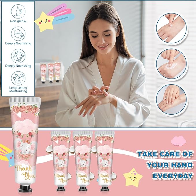48 Sets Baby Shower Hand Cream Bulk Pink Elephant Baby Shower Favors Bridal Thank You Hand Cream for Guests Travel Size Lotion with Organza Bags