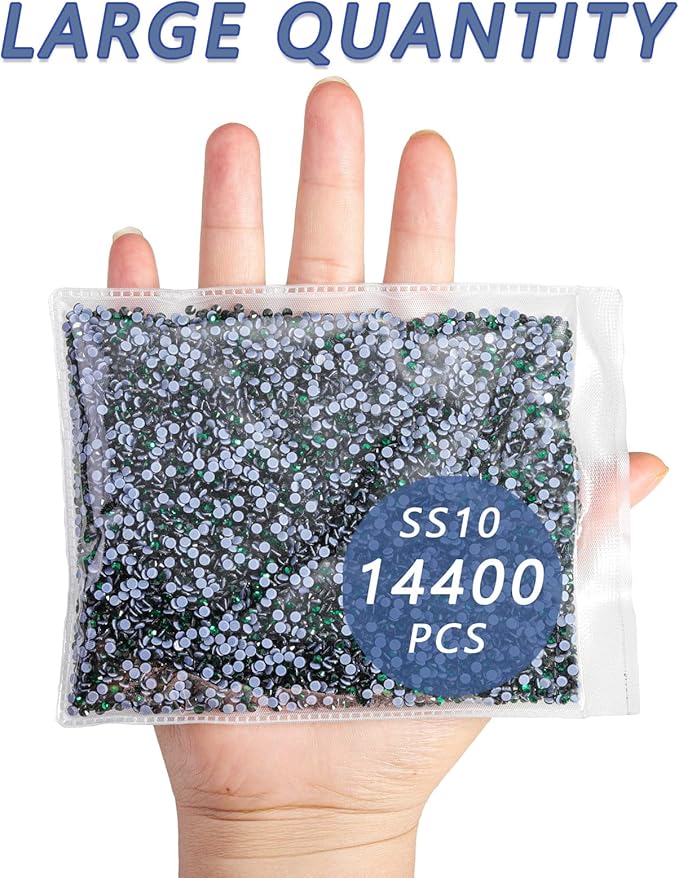 Beadsland Hotfix Rhinestones Bulk, 14400pcs Green Hot Fix Rhinestones for Crafts Clothes DIY Decoration, Emerald, SS10, 2.7-2.9mm