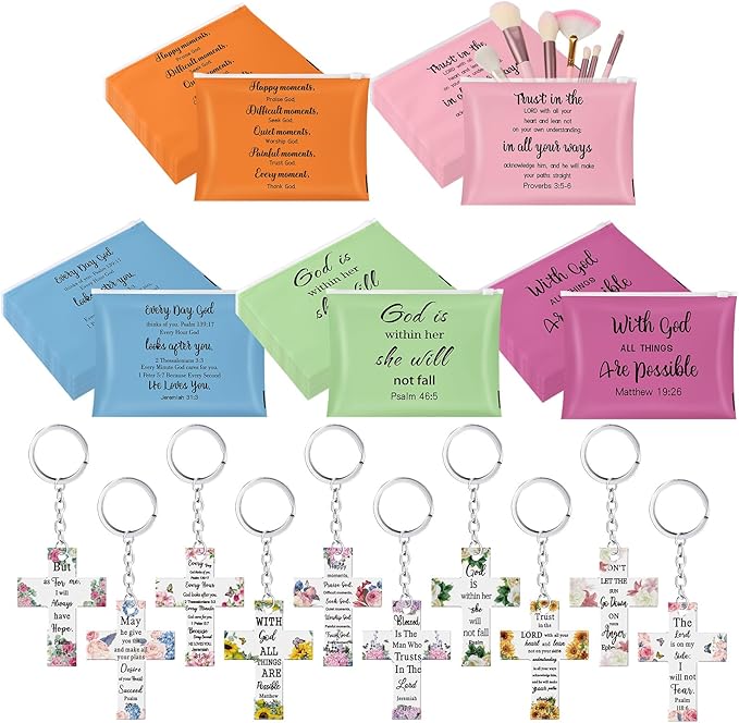 Kacctyen 50 Set Christian Makeup Bags with Keychain Christian Gifts Bulk Women Bible Verse Cosmetic Bags with Zipper Christian Cross Keychain Colorful Bags for Women Travel Organizer