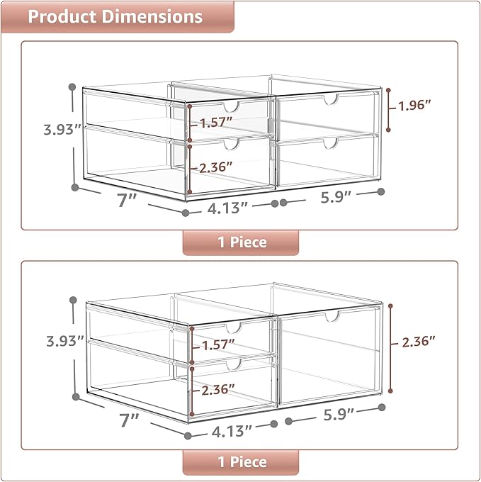 Sorbus Makeup Organizer With 7 Drawers, Acrylic Drawer Organizer for Makeup, Office Organization and Storage, Art Supplies, Jewelry, Stationary - 2 Pcs Clear Stackable Storage Bins Organizer Drawers