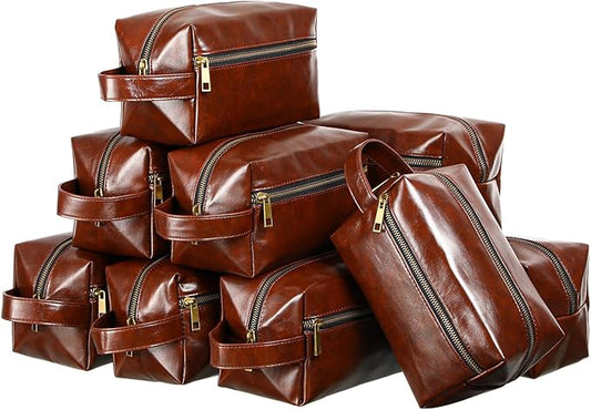 Hillban 10 Pcs Groomsmen Gift Leather Toiletry Bag for Men Travel Shaving Kit Bathroom Bag Make up Cosmetic Proposal Supplies for Wedding Favor Grooming Anniversary Boyfriend Father(Dark Brown)