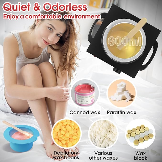 600ML Wax Warmer Machine for Hair Removal - Professional Electric Wax Heater with Adjustable Temperature, Silicone Bowl, and 20 Wooden Wax Sticks for Women and Men