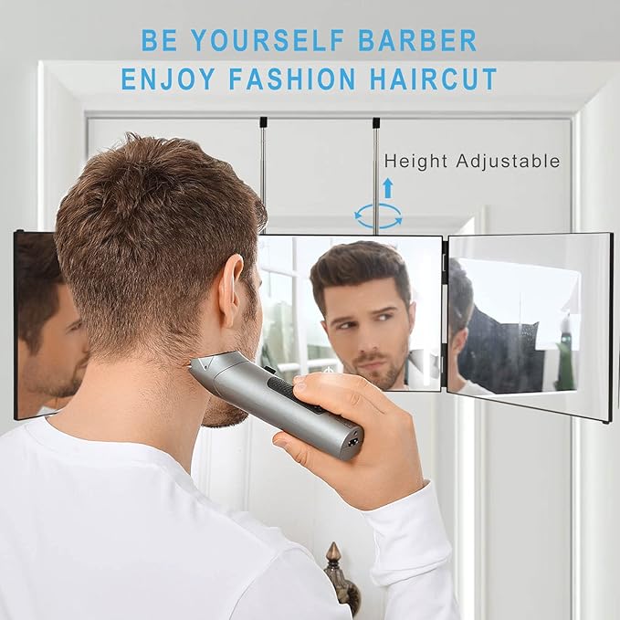 3 Way Mirror for Self Hair Cutting with Rechargeable LED Lights, Barber Mirror Self Cut to See Back of Head, Height Adjustable, Black