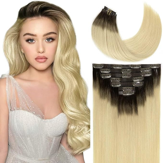 Loxxy Seamless Clip in Hair Extensions Real Human Hair Clip in Extensions Rooted Darkest Brown to Platinum Blonde Ombre 7Pcs 110G 20Inch #R2-60A Invisible PU Skin Weft Natural Remy Human Hair