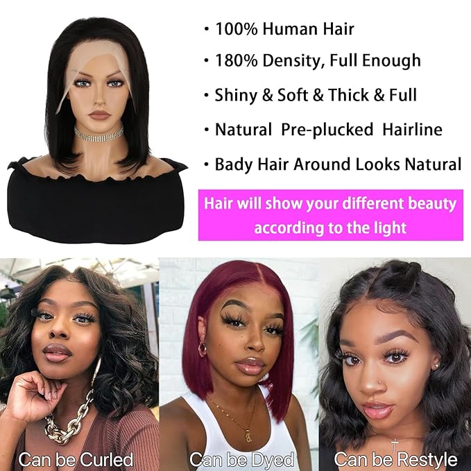 14 Inch Bob Wig Human Hair 13x4 HD Transparent Lace Front Wigs Human Hair Pre Plucked with Baby Hair Glueless Wigs Human Hair 180% Density Straight Frontal Lace Wigs for Women Natural Color