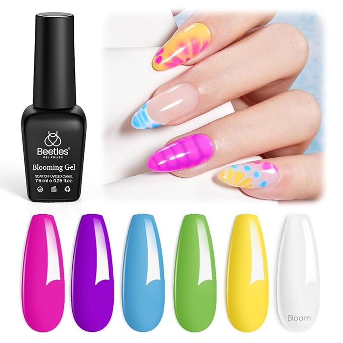 Beetles Gel Nail Polish with Blooming Gel, 5 Colors Pink Green Blue Purple Yellow Nail Polish Clear Blooming Polish for Spreading Effect with 2 Nail Art Brushes Nail Art Set for Women