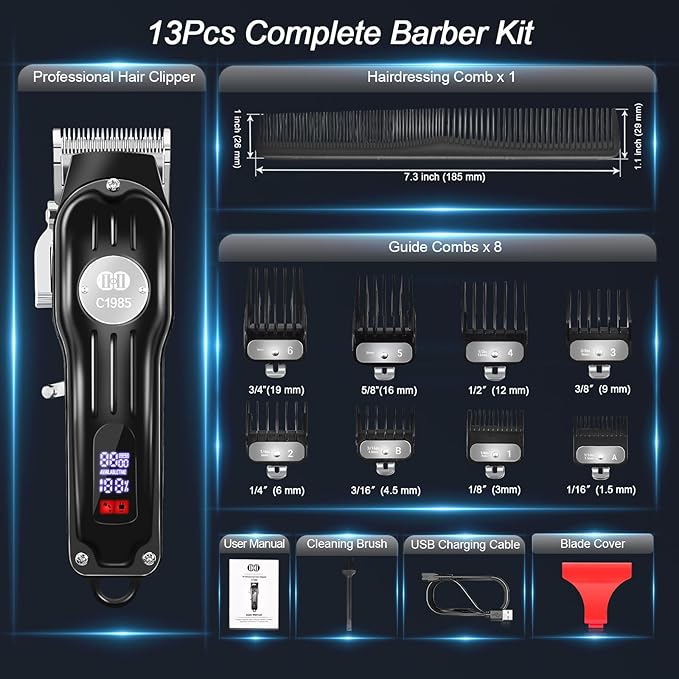 CIICII Hair Clippers for Men Professional, Cordless Barber Clippers for Hair Cutting (Rechargeable USB Adjustable Mens Hair Trimmer with 8 Metal Guards, 13Pcs Grooming Haircut Kit) for DIY Home Salon