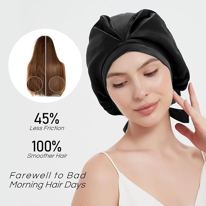 RachelSilk 100% Mulberry Silk Sleep Cap, Grade 6A 19 Momme Silk for Women Hair Care, Night Bonnet with Elastic Stay On Head, Sleep Cap After Shower, for Small -Medium Head Size (Black)