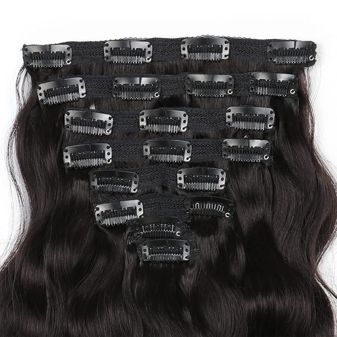 Clip in Human Hair Extensions Body Wave,120g 8pcs Soft Body Wave Clip In Real Hair Extensions 16inch #1B Natural Black Human Hair Wavy Hairpiece for Women