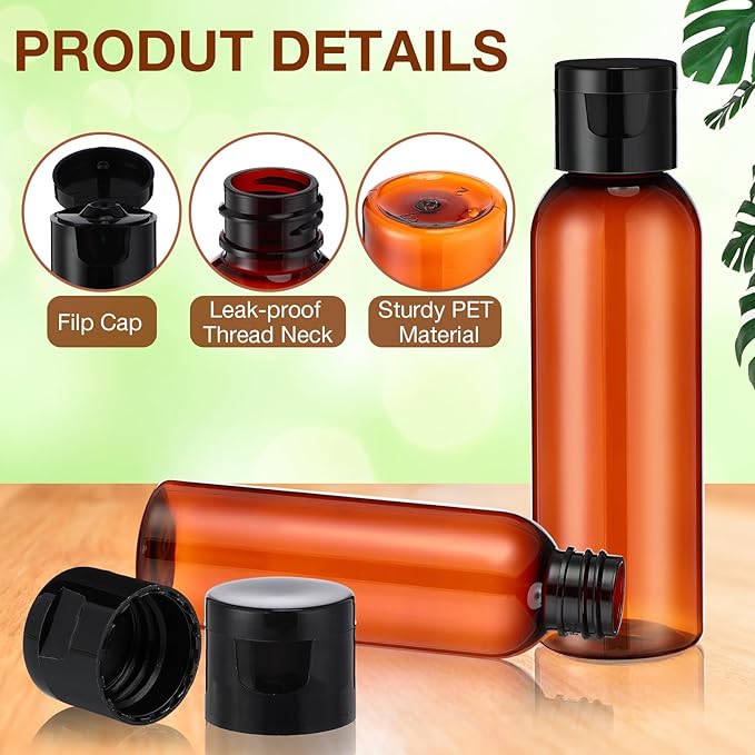 Zhehao 200 Pcs 2 oz Clear Plastic Empty Bottles Small Travel Size Bottles with Flip Cap Empty Transparent Dispenser Container for Liquids Toiletries Shampoo Lotion (Black Cap, Brown Bottles)