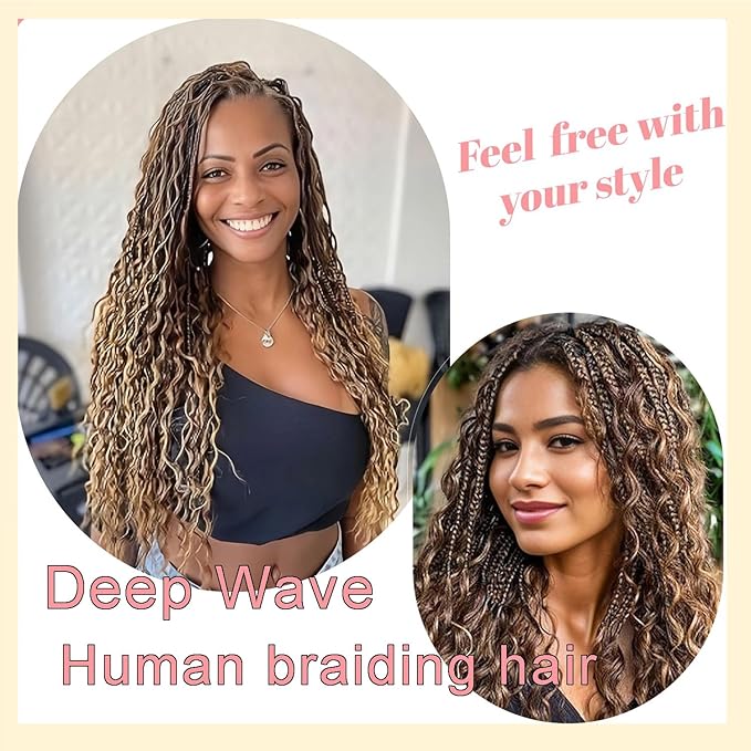 Ombre Braiding Hair 2 Bundle 100g 4/27 Human Braiding Hair Deep Water Wave Honey Blonde Braiding Hair Highlight Bulk Human Hair 12A Brazilian Brown Bariding Hair (22 Inch)