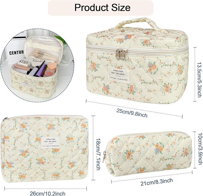 3Pcs Cotton Quilted Makeup Bag for Women Girls, Large Floral Cosmetic Bag Set Cute Makeup Brushes Aesthetic Accessories Storage Bag Yellow Daylily Flower Travel Toiletry Bag Organizer