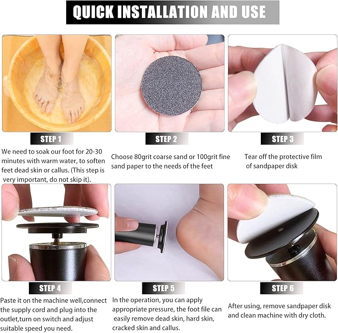 Electric Foot File Callus Remover Professional Foot File Pedicure Tools Adjustable Speed 120pcs Replacement Sandpaper disc Easy to Remove Cutin Dead Skin calluses(Black 120pcs)