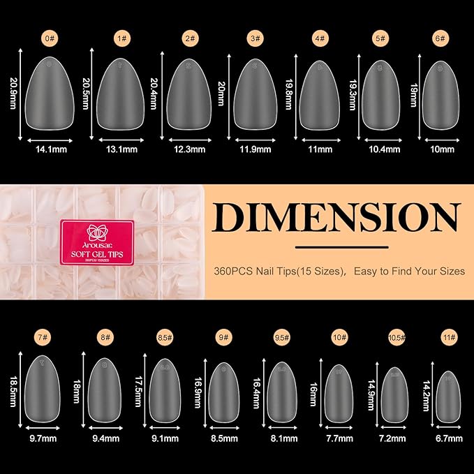 360pcs Short Almond Nail Tips Kit, Clear Acrylic Nail Extension Set in 15 Sizes, Matte Full Cover Press on False Nail Tips with 20ml*2 Glue Gel & UV Nail Lamp, Spring Summer DIY Salon Gift