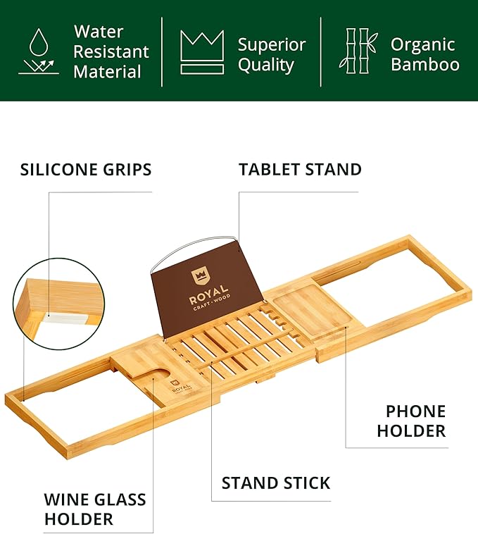 ROYAL CRAFT WOOD Premium Foldable Bathtub Tray - Wood Bath Tray for Tub, Bamboo Shelf, Expandable Bath Table Trays, Bathtub & Bathroom Accessories for New Home & Mothers Day & Birthday Gifts for Mom