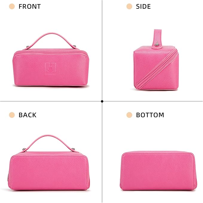 Travel Makeup Bag,Large Capacity Cosmetic Bags for Women, PU Leather Waterproof Portable Pouch Open Flat Toiletry Bag Make up Organizer with Divider and Handle (pink)