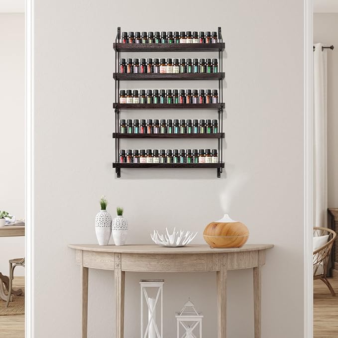 THYGIFTREE Essential Oil Storage Shelf Wall Mounted Wooden Essential Oil Collection Display Rack Organizer 5 Tiers Holds 75 Bottles, Nail Polish Holder Paint Organizer
