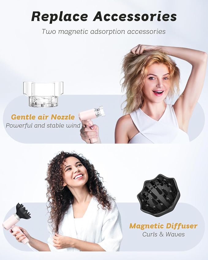 Hair Dryer 110V Only- Ionic High-Speed Motor for Fast Drying, Portable Lightweight Blow Dryer, Quiet Professional Blowdryer with Magnetic Curly Diffuser & Concentrator for Home Travel