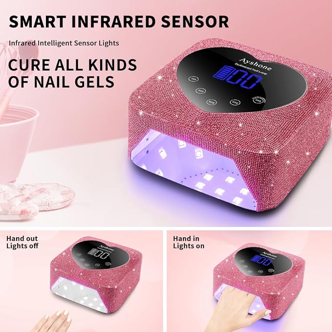 Cordless UV LED Nail Lamp,72W Rechargeable Nail Dryer Gel Polish Light with Large LCD Display,Rechargeable Nail Curing Lamp for Salon & Home (Rose Red Diamond)