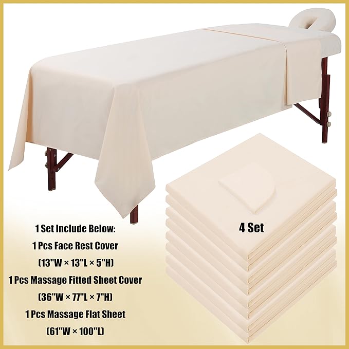 4 Sets Microfiber Massage Table Sheet Sets 3 Pcs Massage Bed Cover Soft Wrinkle Free Includes Massage Fitted Sheet,Massage Sheets and Face Cradle Cover for SPA Beauty Salon Tattoos (Beige)