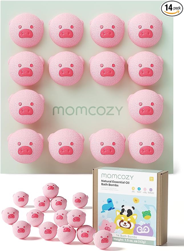 Momcozy Natural&Organic Essential Oil Bath Bombs,14 Pcs Bubble Bath Fizzy Balls with Cute Pig Animal Shapes,Bath Bombs Gift Set for Kids Girls Boys Toddler,Ideal Gift for Easter Egg,Bath Bomb Kit