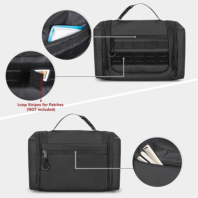 Hanging Toiletry Bag for Men, Tactical Dopp Kit Toiletry Travel Bag, Large Hygiene Organizer Shower Bag for Camping Outdoor, Black