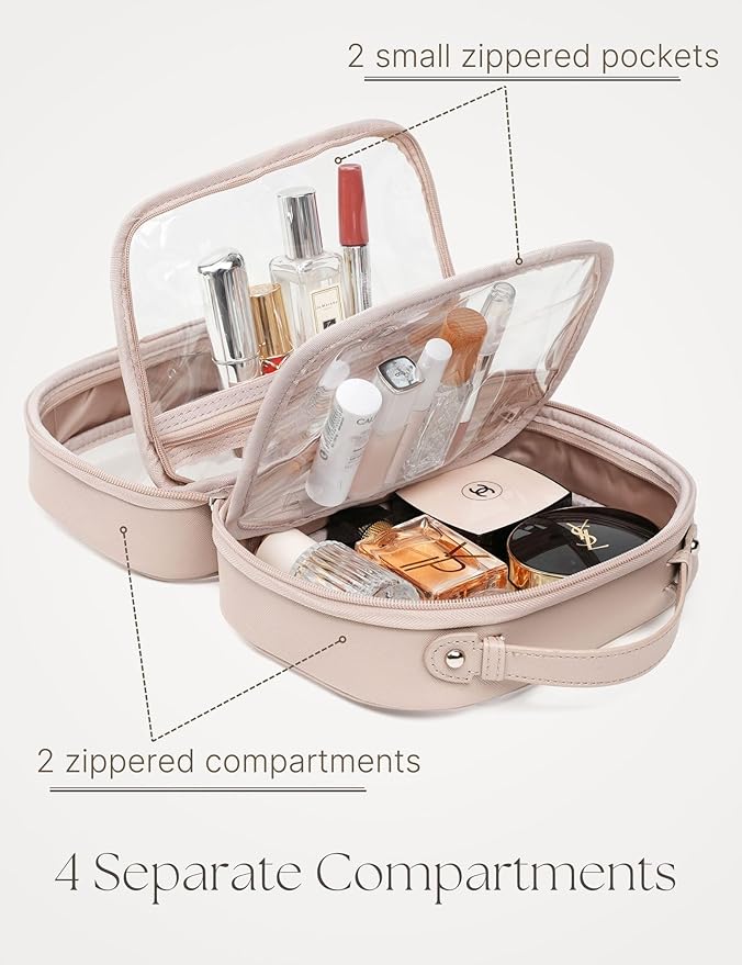 Clear Cosmetic Bag Double Layer 4 Compartments Travel Toiletry Bag Clear Makeup Bag Case with Zipper Transparent Travel Bag for Toiletries, TSA Approved, Gift for Women Girls (Stone)