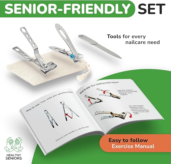 Nail Clippers Set, Easy Grip 360 Rotary Fingernail Clipper, Sharp Heavy Clippers for Thick Nails. Perfect for Diabetics or Seniors Suffering from Arthritis (3 Pieces)