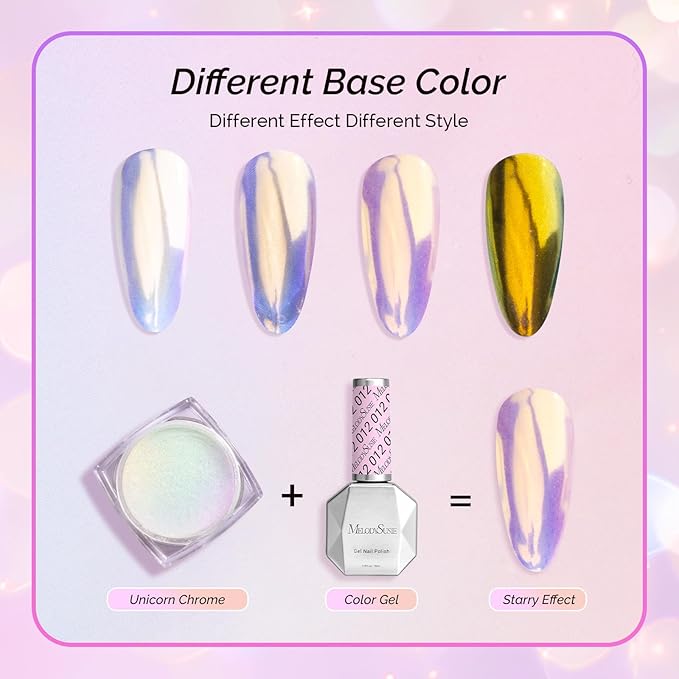 MelodySusie Unicorn Chrome Nail Powder,Ice Transparent Aurora,Mirror Effect,Color Changing Pearlescent,Multi-color Chrome Rainbow Pigment Super Shiny,Suitable for Home DIY Nail Salon