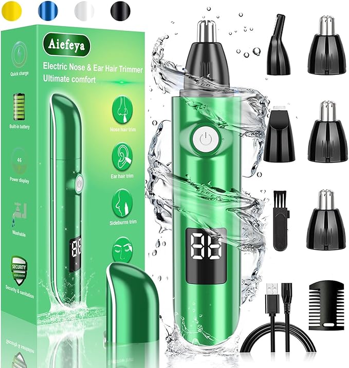 Nose & Facial Hair Trimmer - Painless Eyebrow & Nose Trimmer for Men & Women, IPX7 Waterproof, USB Rechargeable, Easy Cleaning, All-in-One (Green)