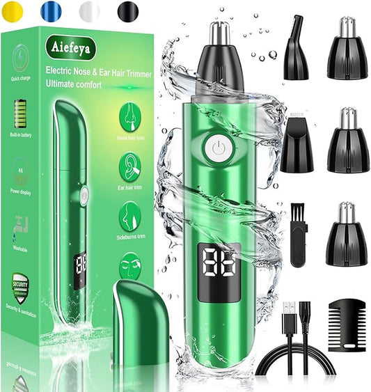 Nose & Facial Hair Trimmer - Painless Eyebrow & Nose Trimmer for Men & Women, IPX7 Waterproof, USB Rechargeable, Easy Cleaning, All-in-One (Green)