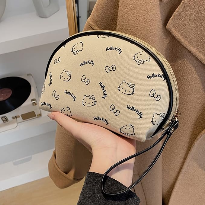 AmBealla Portable Storage Bag Cosmetic Bag for Women,Small Cute Compact Makeup Bag for Keys and Phone, Beige Cotton Organizer with Wristband,Portable Mini Bag for girls