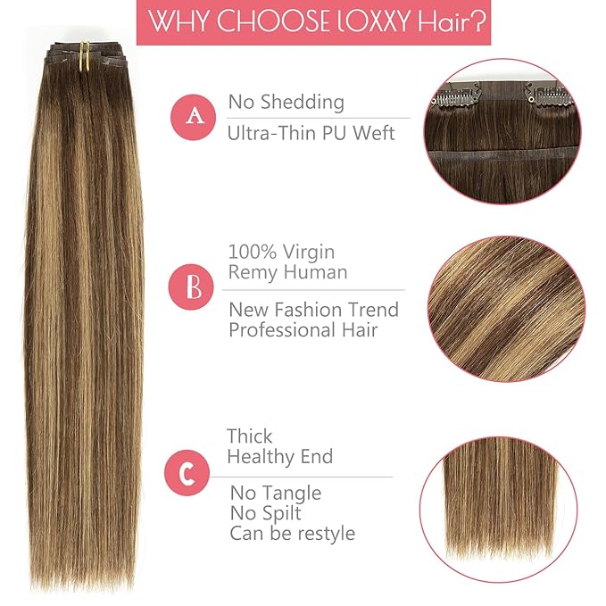 Seamless Clip in Remy Hair Extensions Human Hair Invisible PU Skin Weft Ombre Chocolate Brown to Caramel Blonde With Brown Roots Clip in Hair Extensions Thick Natural Hair 18inch 110gram 7pcs #R4-4/27