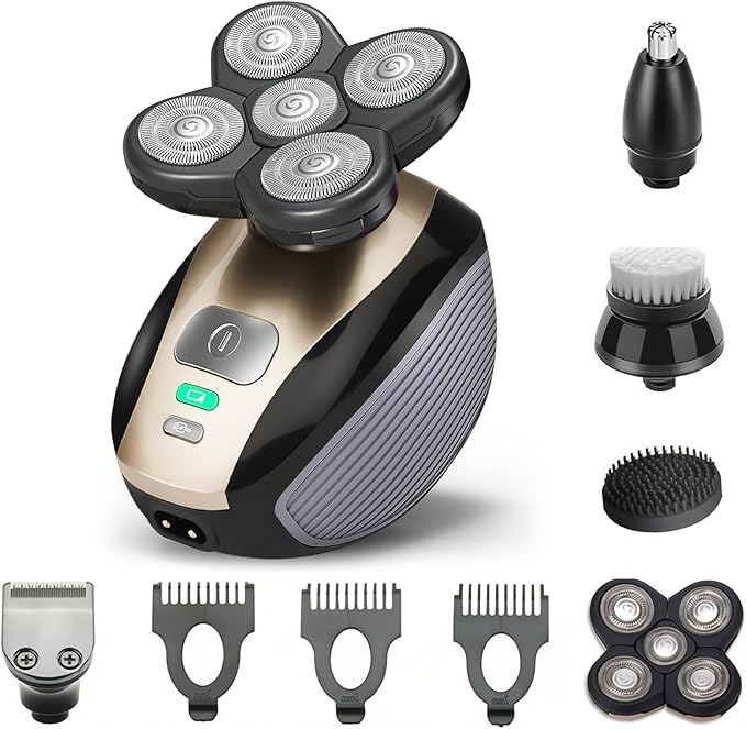 Head Shavers for Bald Men, 5 in 1 Electric Razor with Rechargeable Battery, Hair Clipper, Portable Travel Razor, Idea Gift for Men(Gold)