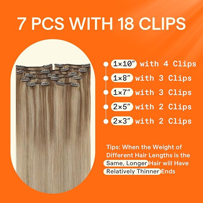 Full Shine Clip in Hair Extensions Human Hair Clip in Extensions Balayage Color 10 Golden Brown Fading to 16 Golden Blonde Highlight 16 Blonde Double Weft Invisible Hair Extensions 12 Inch 7 Pcs 95 G