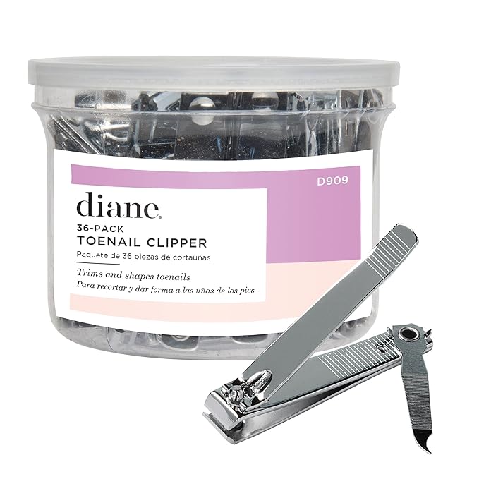 Diane D909 Stainless Steel Straight Edge Toenail Clipper with Fold Out File for Natural Nails - 36 Pack Bin