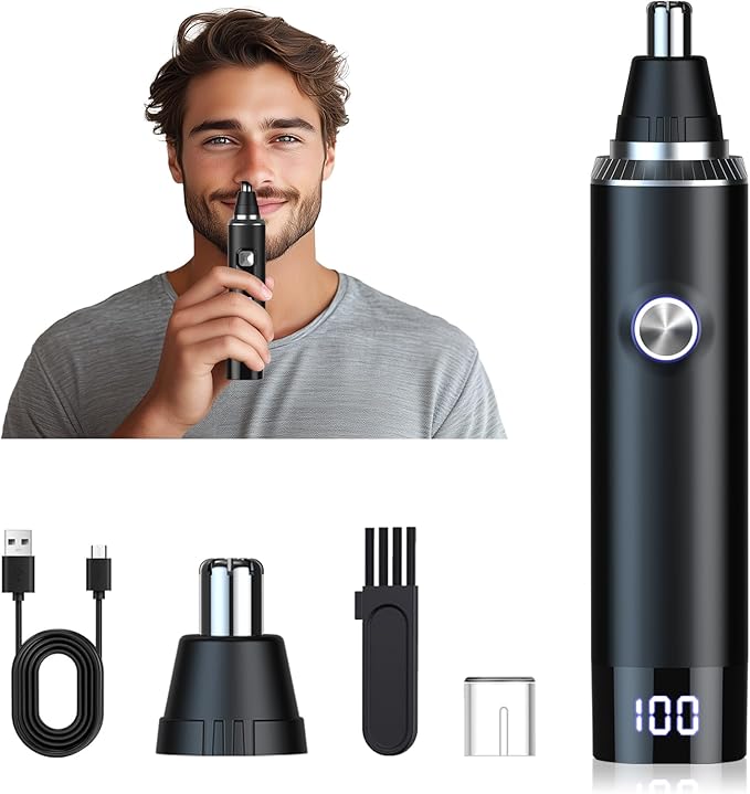 Ear & Nose Hair Trimmer with LED Display for Men Women,Painless USB Rechargeable Eyebrow & Facial & Nose Hair Trimmer Clipper,Professional IPX7 Waterproof Dual Edge Blades 12500 RPM (Black)