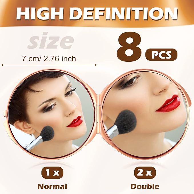 Yalikop 8 Pcs Portable Folding Compact Mirror Bulk with 1X 2X Magnification Double Sided Mini Travel Makeup Mirror for Women Bridesmaid Gifts(Rose Gold)