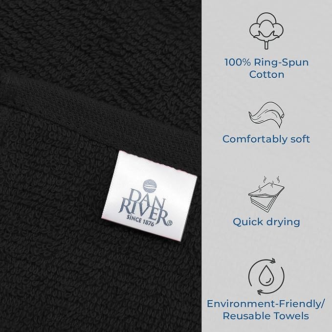 DAN RIVER 100% Cotton Washcloths 24 Pack Premium Quality Face and Body Cloth, Quick Dry Essential Towels for Bathroom, Hand, Kitchen & Cleaning, Baby Washcloths | 12X12 in | 400 GSM | Black