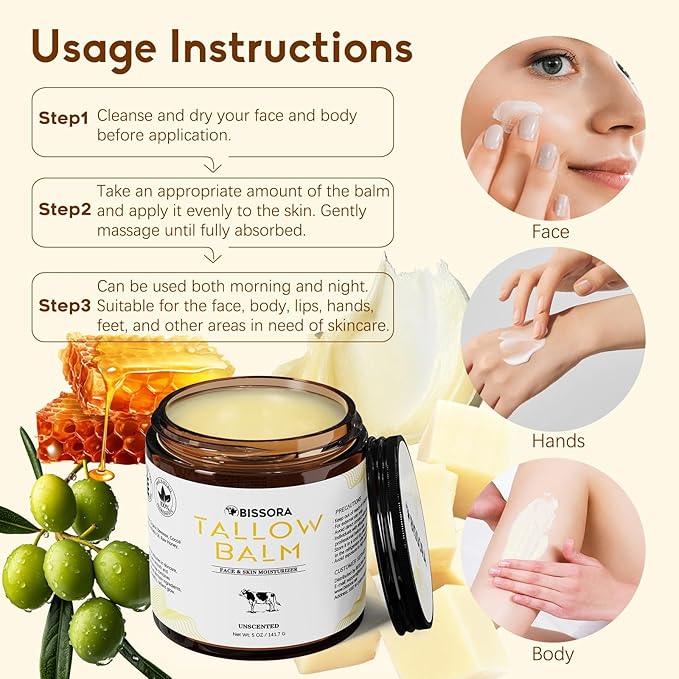 Beef Tallow for Skin, Organic Grass-Fed Beef Tallow Balm with Raw Honey & Jojoba Oil - Whipped Moisturizer for Face & Body - All-Natural Skin Care for Soft, Hydrated Skin (5 OZ, Unscented)