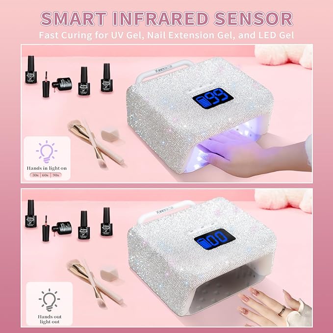 220W UV LED Nail Lamp, UV Light for Gel Nails, Wireless Rechargeable Professional Curing Lamp, with Portable Handle and Sparkly Rhinestones, LCD Display, Easy to Carry for Salon & Home