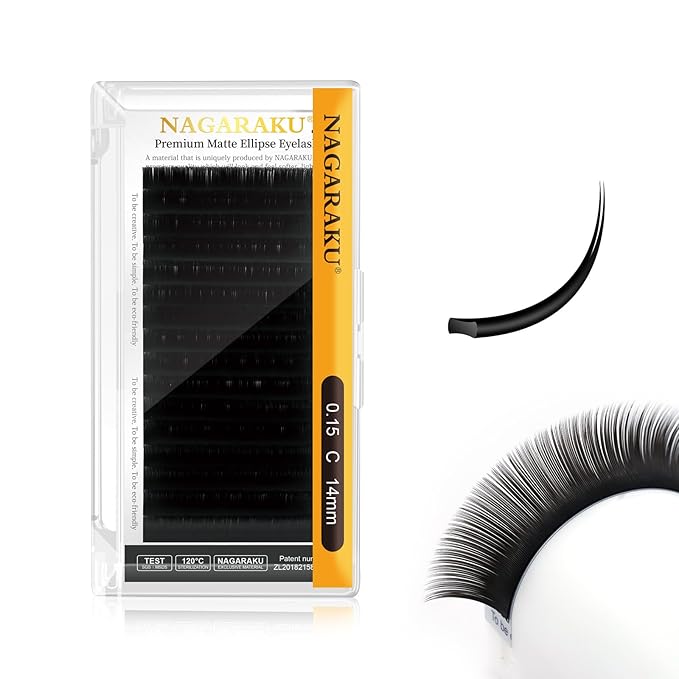 NAGARAKU Double Tips Ellipse Eyelash Extensions Lighter Thinner Flat Split Tips Individual Lash 0.15mm C curl 14mm Matte Black Faux Mink Classic False Lash Supplies 16 Rows
