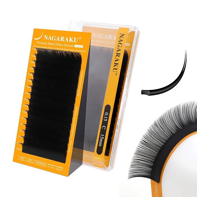 NAGARAKU Flat Ellipse Eyelash Extensions, 5TH GEN AIR SERIES Double Tips Lashes Lighter Thinner Flat Split Tips Individual Lash Matte Black Classic False Eyelashes 16 Rows -0.15 C Curl 15mm